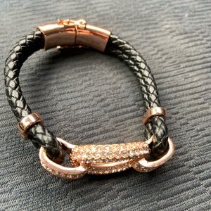 Bracelet with Black Leather, gold tone and costume diamond look.
